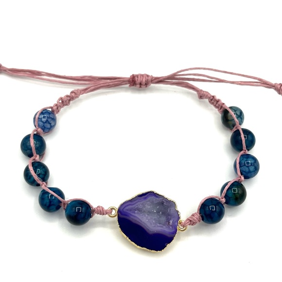 Hand Crafted Jewelry - HAND CRAFTED Beaded Bracelet Blue Agate and Purple Geode
